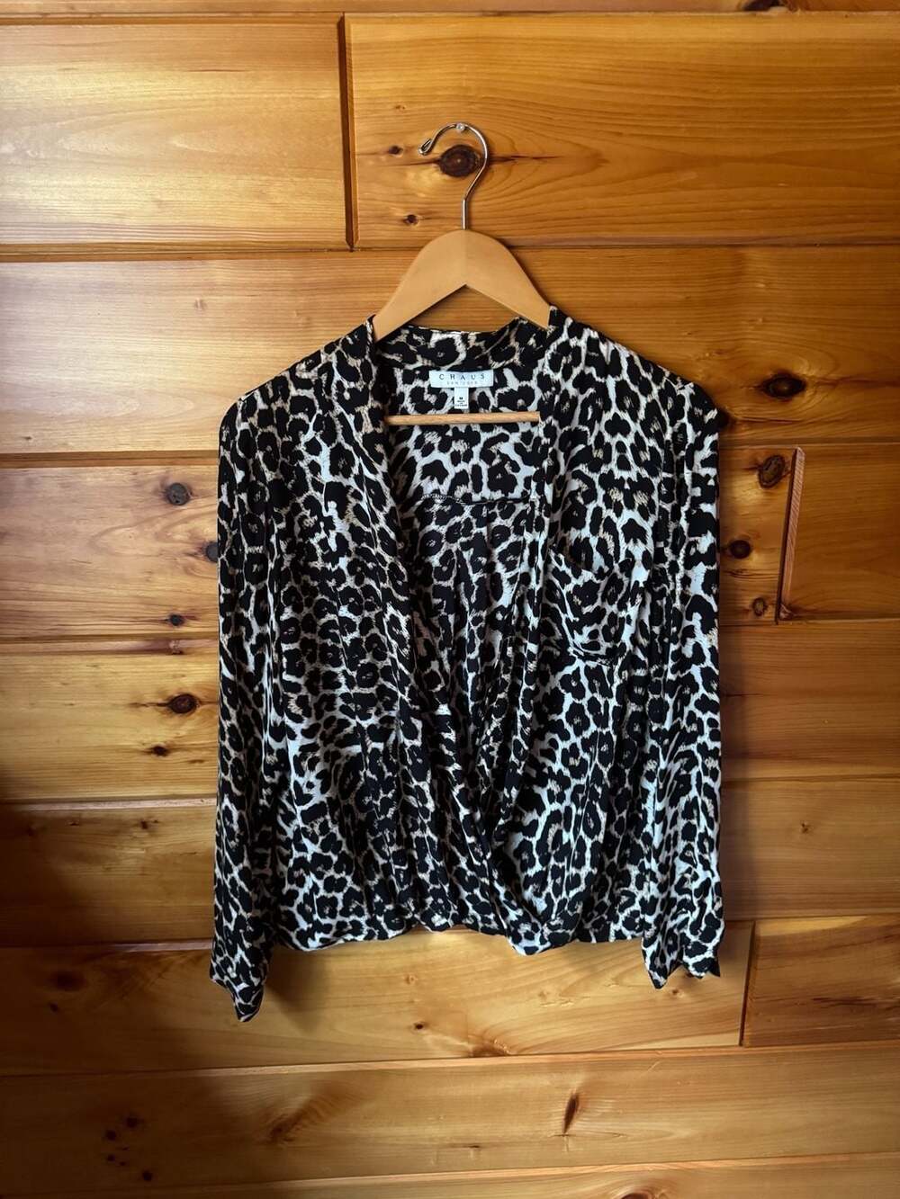 Chaus New York Leopard Print Long Sleeve Wrap Blouse Size M